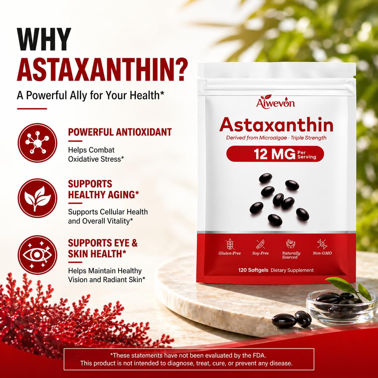 Aiwevon Astaxanthin Supplement 12mg Softgels, 120 Count