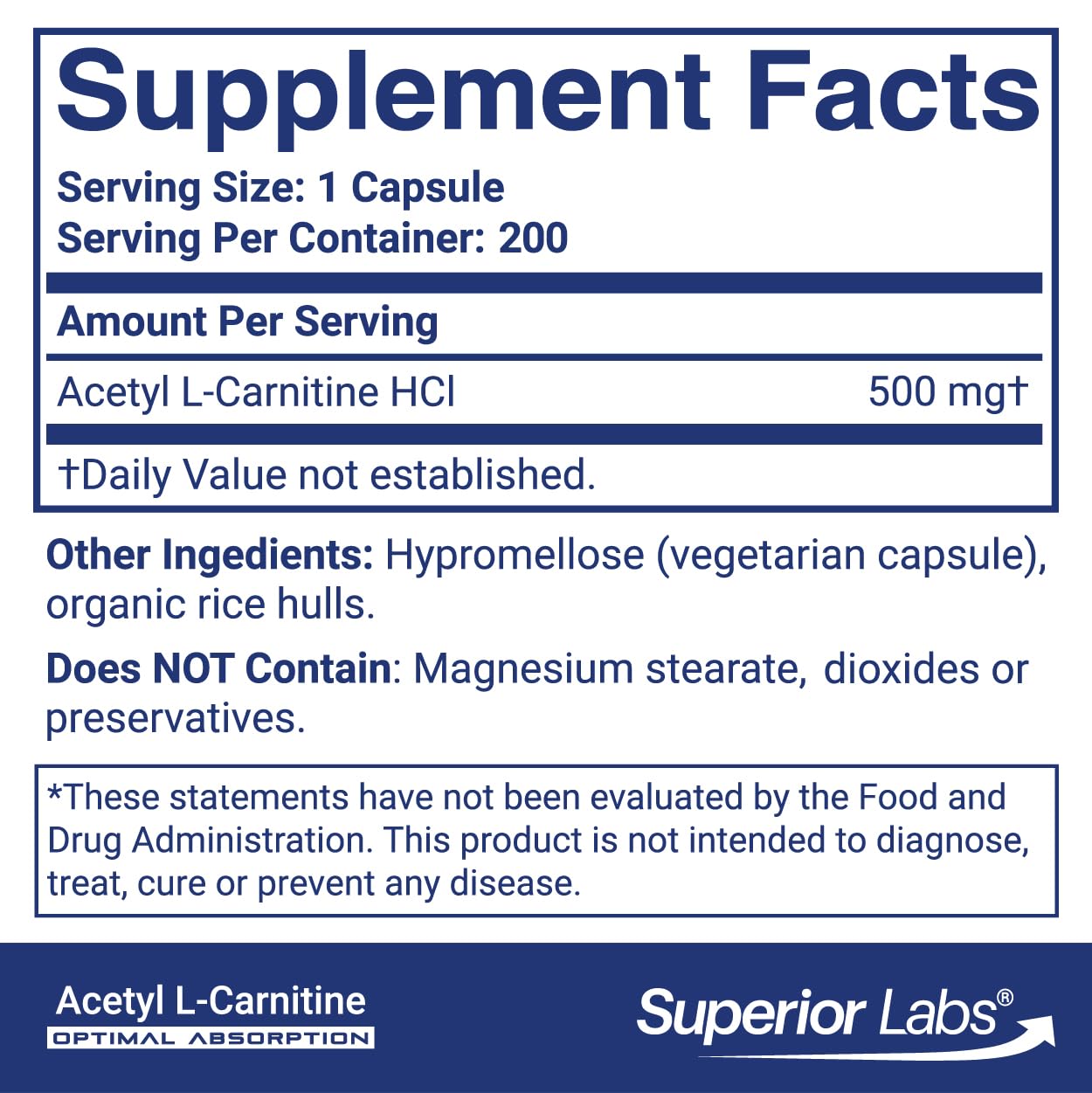 Superior Labs Acetyl L-Carnitine 500 mg Capsule, 200 Veg Caps