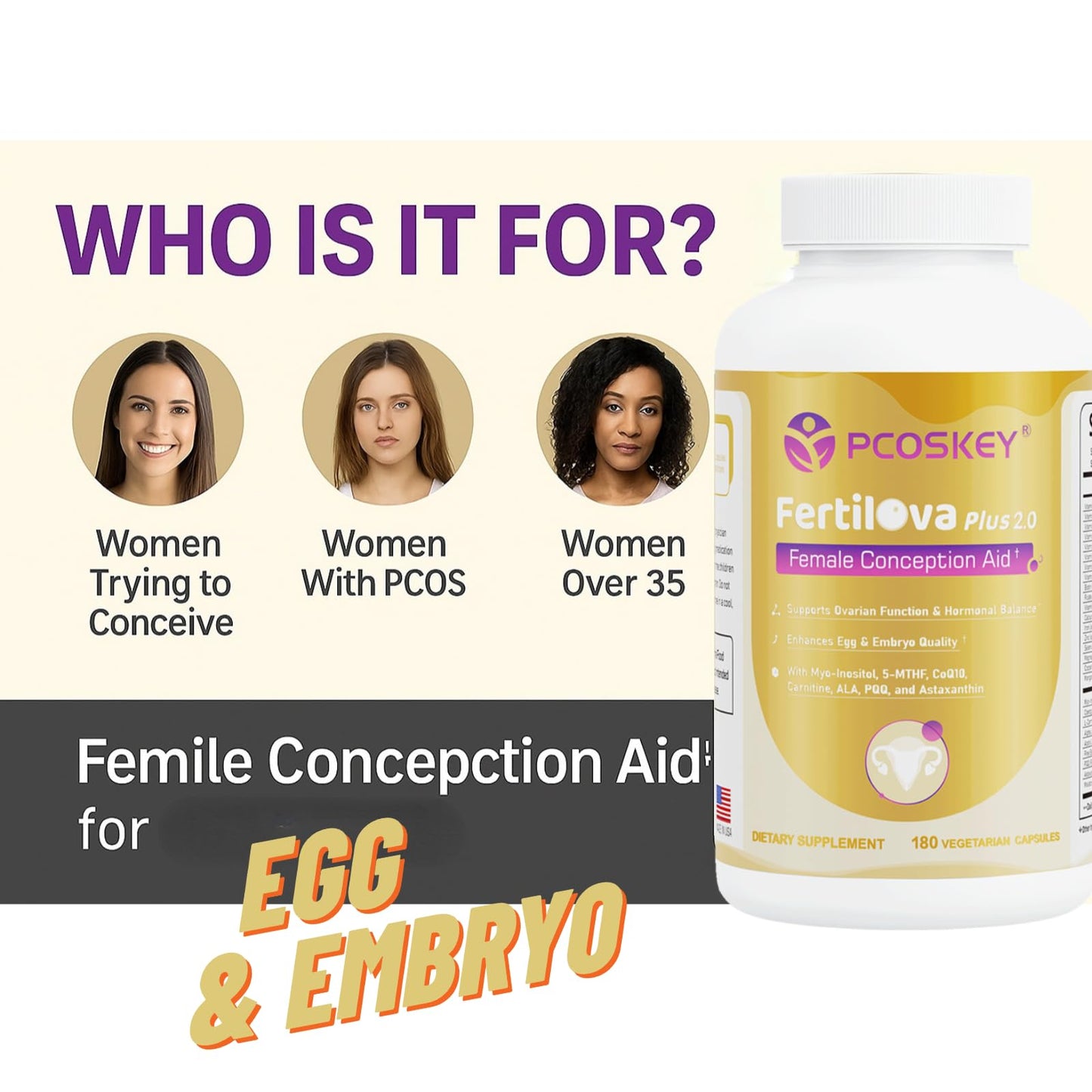 PCOSKEY Fertilova Plus 2.0 Female Fertility Supplement Myo-Inositol, CoQ10, 5-MTHF Capsules 120
