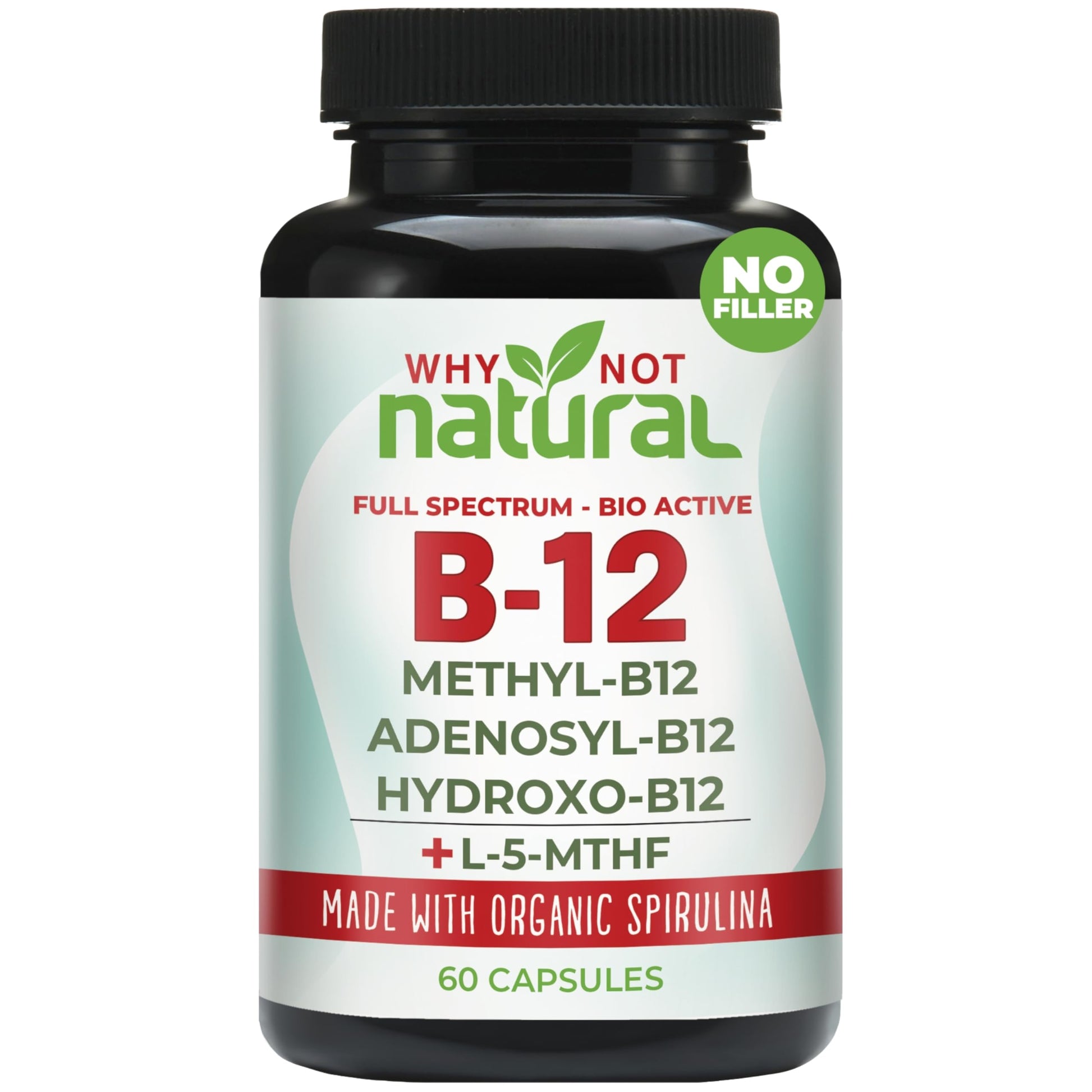 Why Not Natural Vitamin B12 5000 mcg Supplement with Methylcobalamin, Adenosylcobalamin and Hydroxy B12 Complex with Methylfolate 1000 mcg, L-5-MTHF, Made with Organic Spirulina 60 Capsules