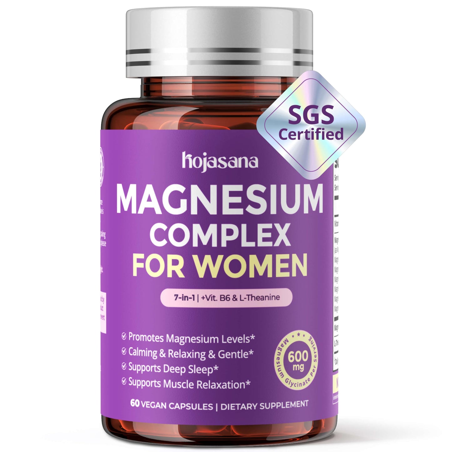 HojaSana Magnesium Complex for Women (Magnesium Glycinate 600mg) with L-Theanine, 60 Capsules