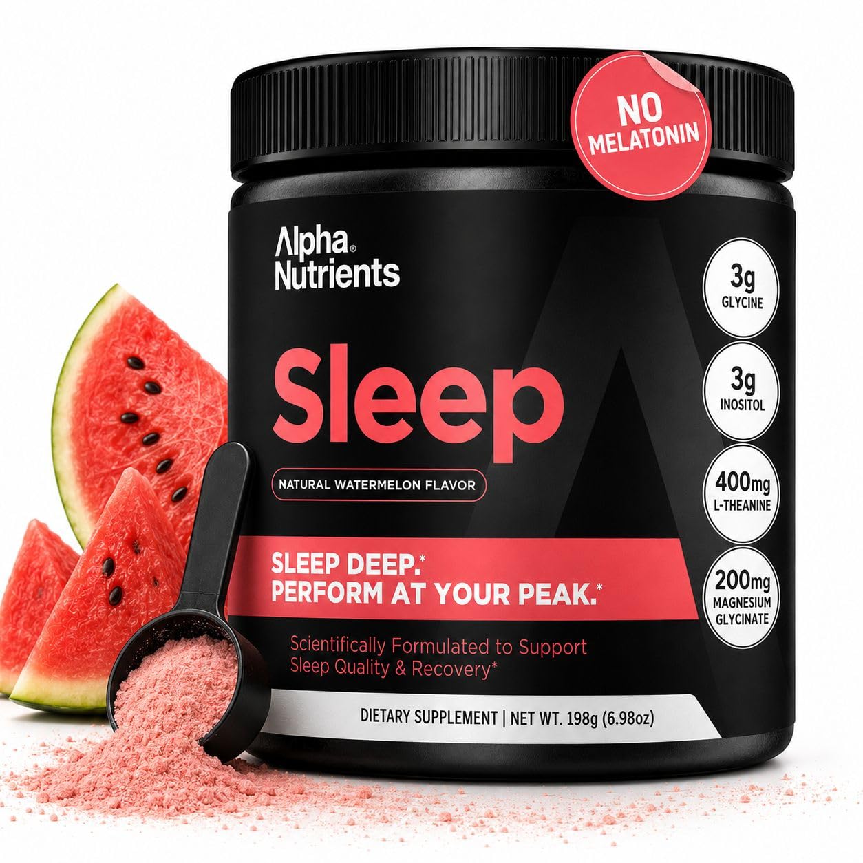 Alpha Nutrients Sleep Powder Magnesium Glycinate Glycine Powder for Sleep, L-Theanine and Inositol, Melatonin-Free Supplement for Adults, Natural Watermelon, 7 Ounce