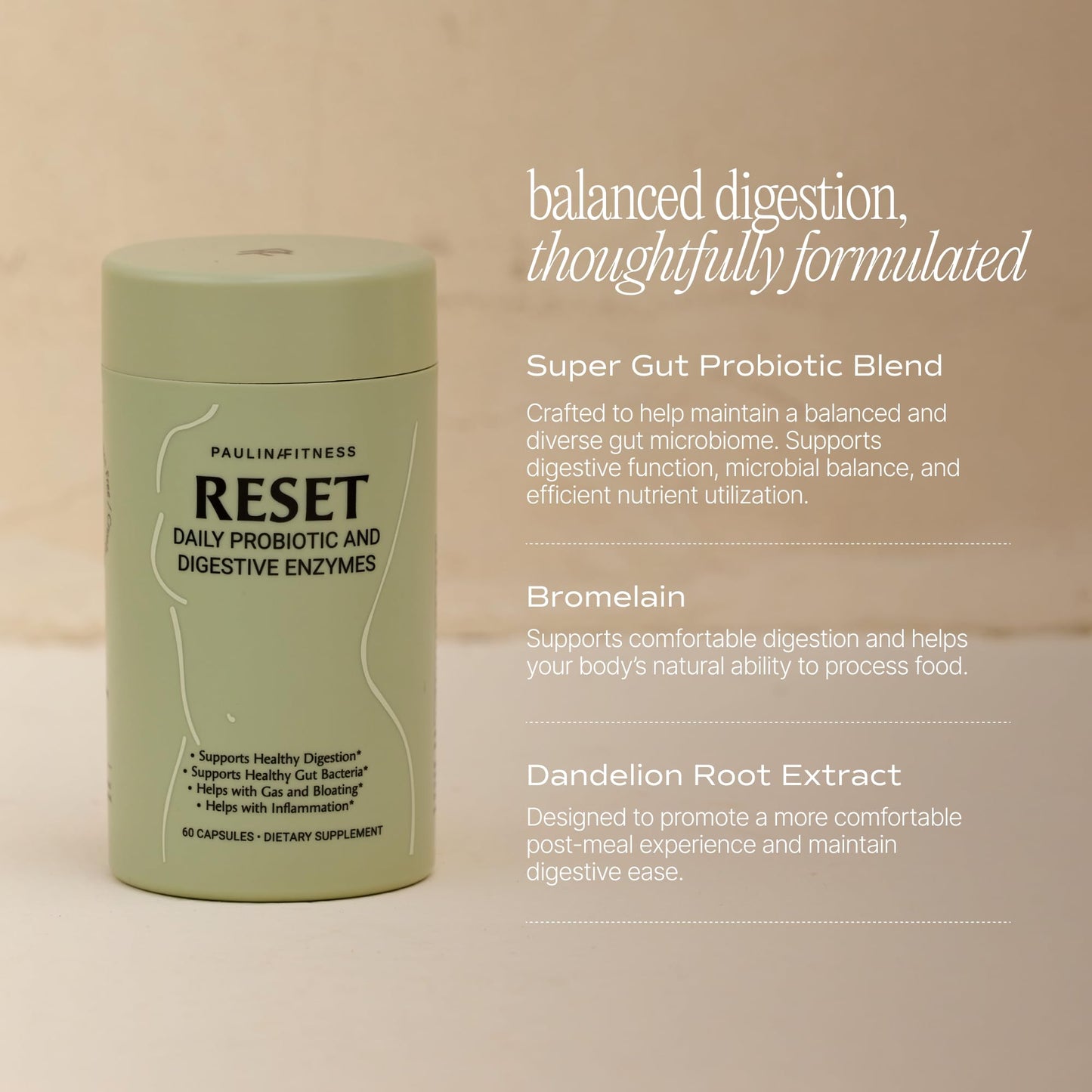 Paulina FITNESS Reset Daily Probiotic + Prebiotic Plant Digestive Enzymes Capsule, 60 Count