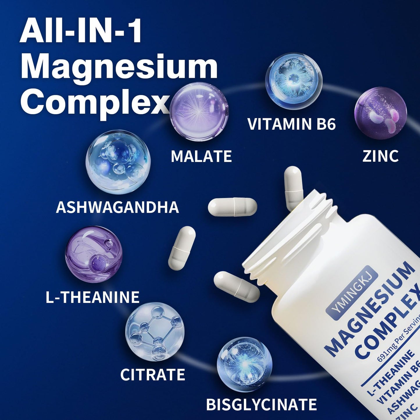YMINGKJ Magnesium Complex for Women DeepCalm 7-in-1 Bisglycinate, Citrate, Malate - Sleep Quality & Muscle Relaxation Support with L-Theanine & Ashwagandha & Zinc, Vegan - 60 Capsules