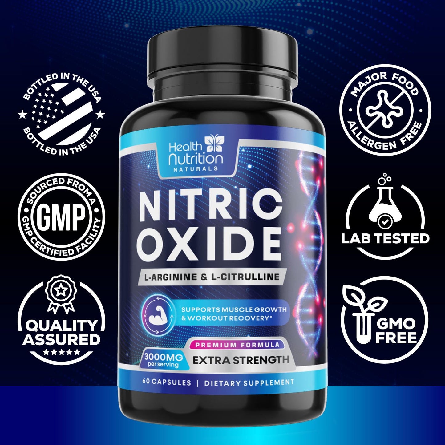 Health Nutrition Naturals Nitric Oxide Booster 3X Strength L-Arginine AKG & Citrulline Malate Capsules, 60 Count