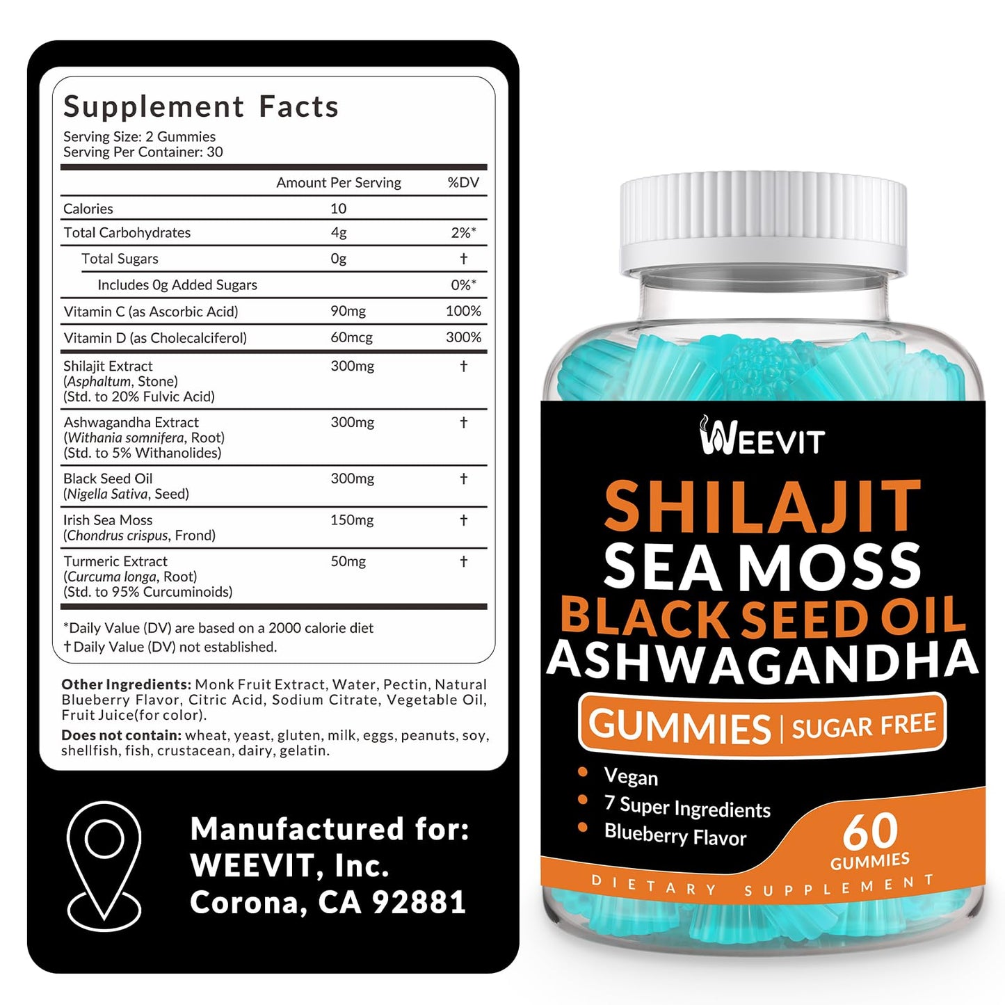 WEEVIT Shilajit Sea Moss Ashwagandha Gummies with Turmeric, Black Seed Oil, Vitamin C & D, Immune & Energy Support, 120 Gummies