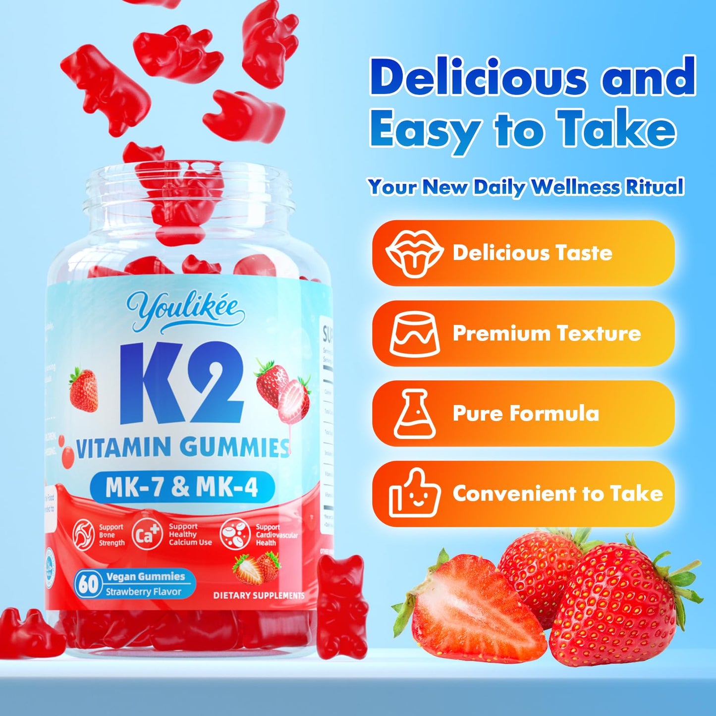 Youlikee Vitamin K2 Gummies Dual Formula Vitamin K2 Supplement with MK-7 & MK-4, 60 Gummies