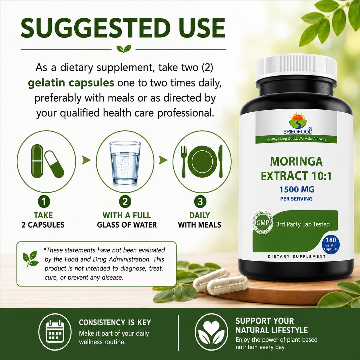 Brieofood Moringa Oleifera Extract 10:1 1500 mg Capsules 180