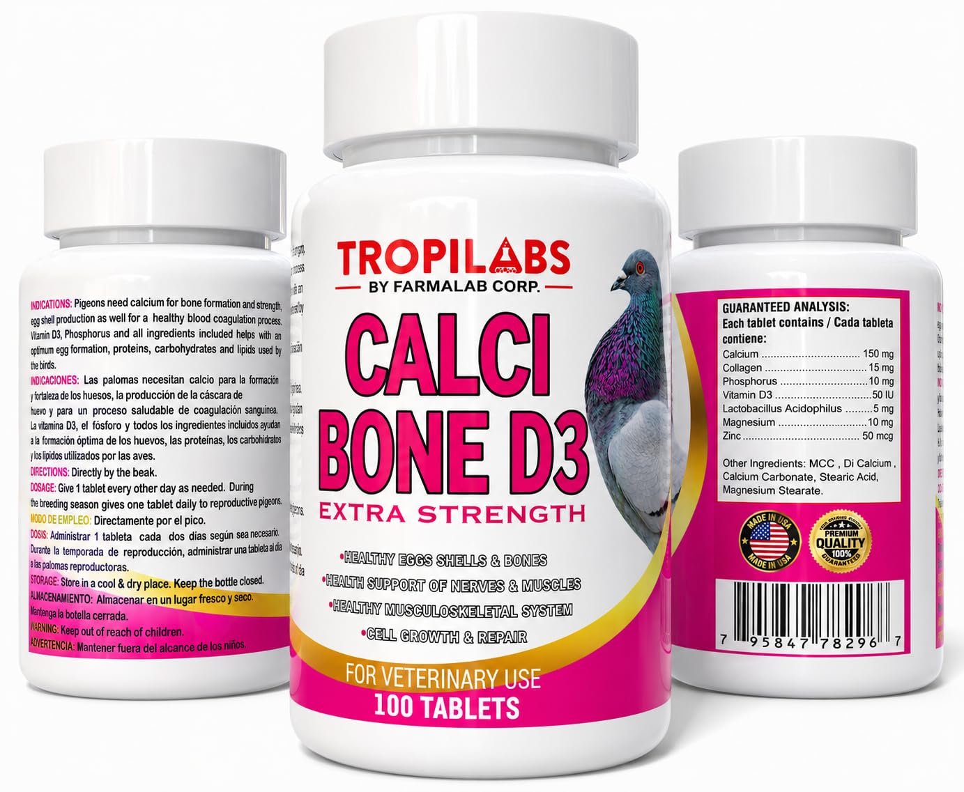 Generic Farmalab Calcium Bone D3 Extra Strength Calcium Supplement for Pigeons, 100 Tablets