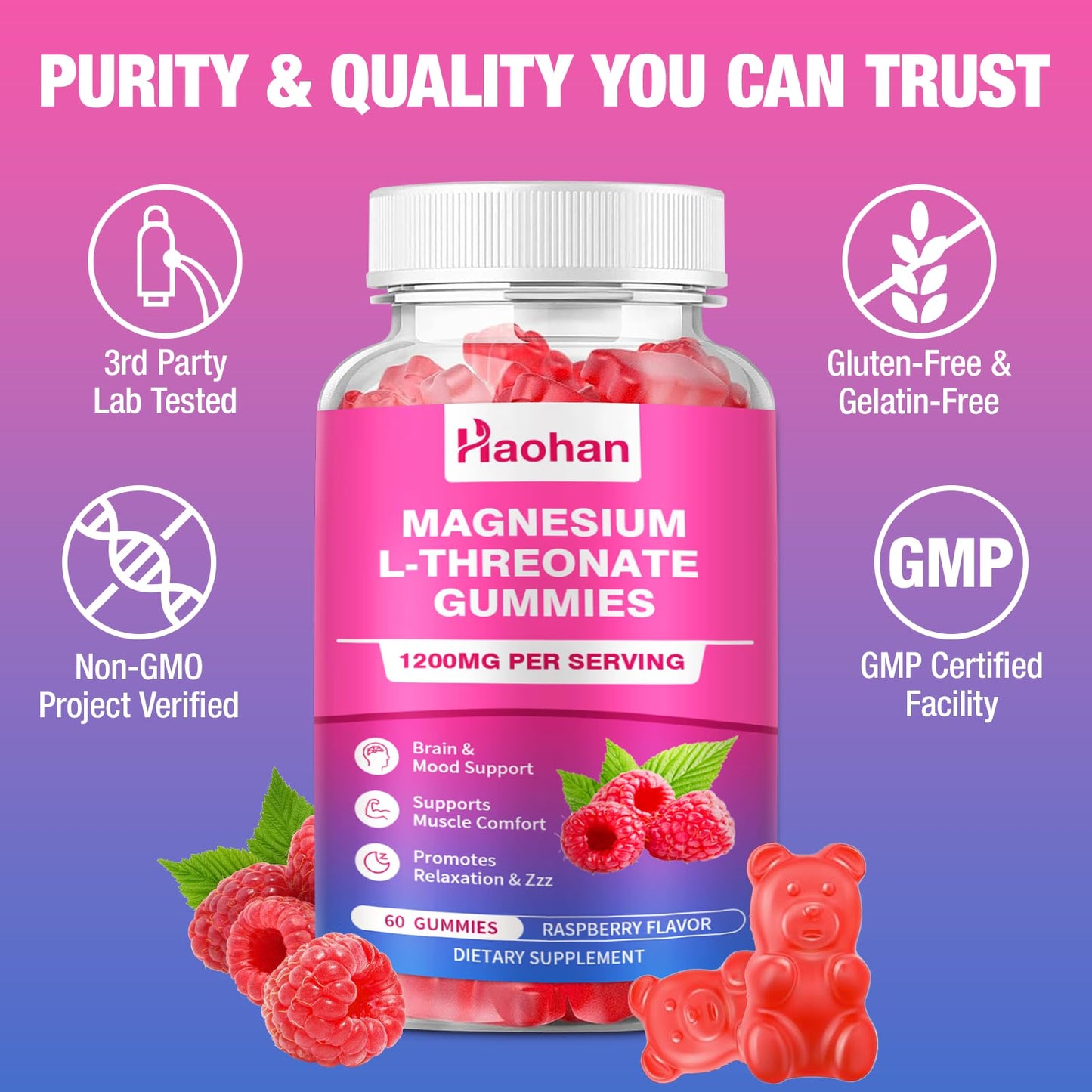 Haohan Magnesium L-Threonate 1200mg Gummies, 2 Count