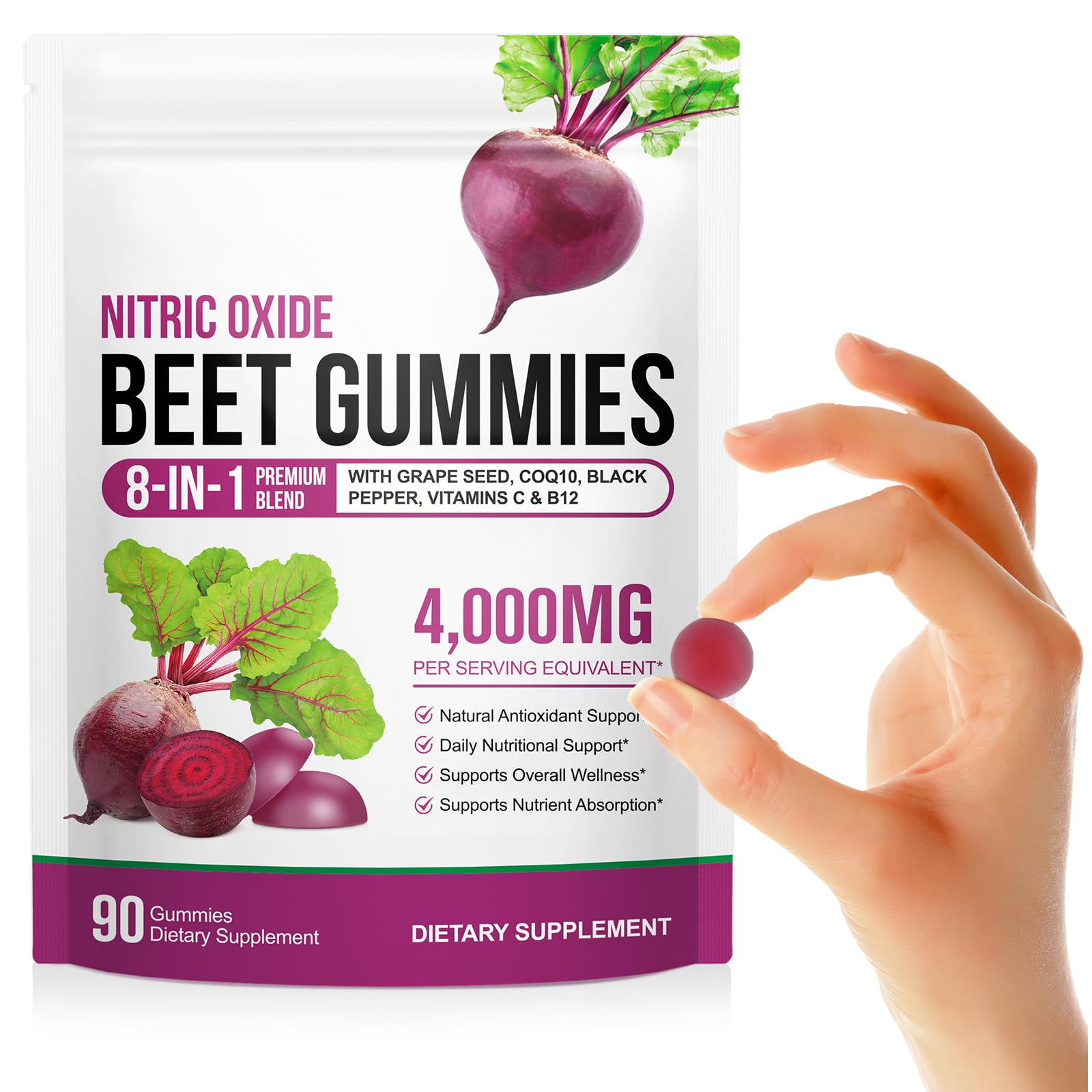 Acorn + Oak Beet Root Gummies 4,000mg, 8-in-1 Beet Root Supplement with CoQ10 & Grape Seed Extract, Sugar Free Gummies for Nitric Oxide Support, Healthy Circulation & Energy Support, 90 Softgels