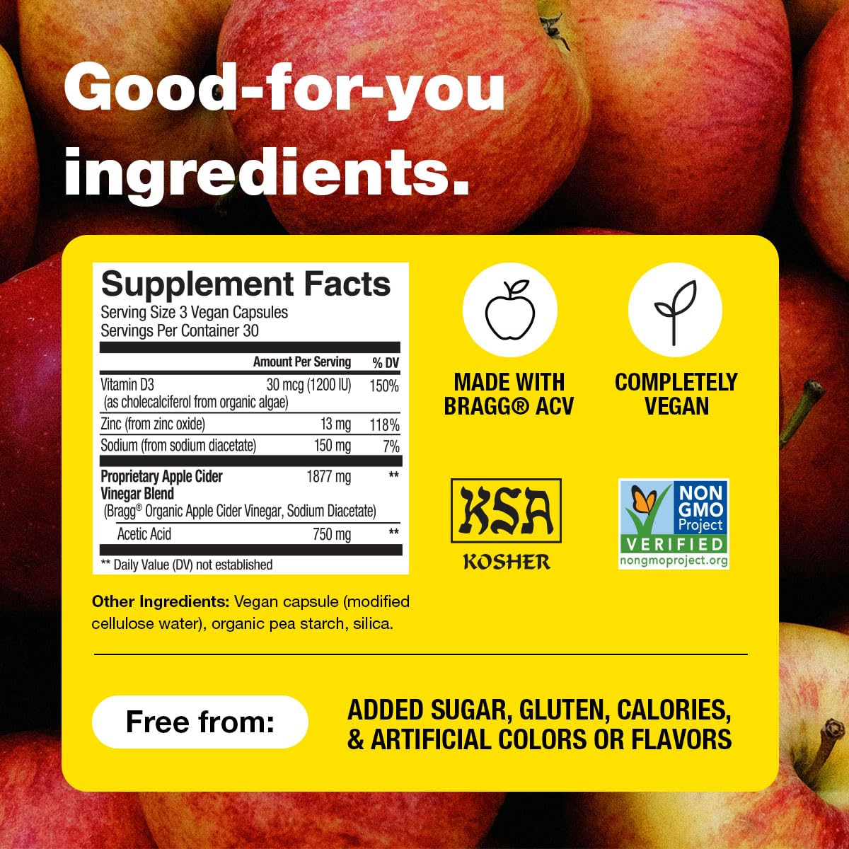 Bragg Organic Apple Cider Vinegar Capsules with Vitamin D and Zinc 180 Capsules