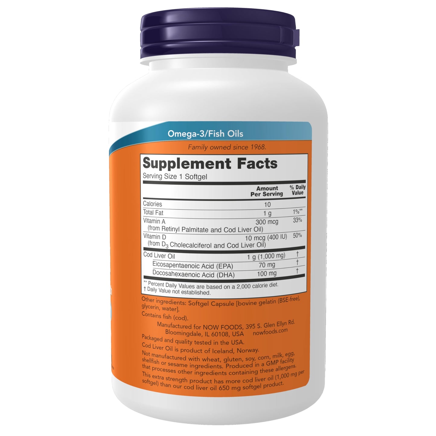 NOW Foods Cod Liver Oil Extra Strength 1000 mg with Vitamins A & D-3, EPA, DHA Softgels, 360 Softgels