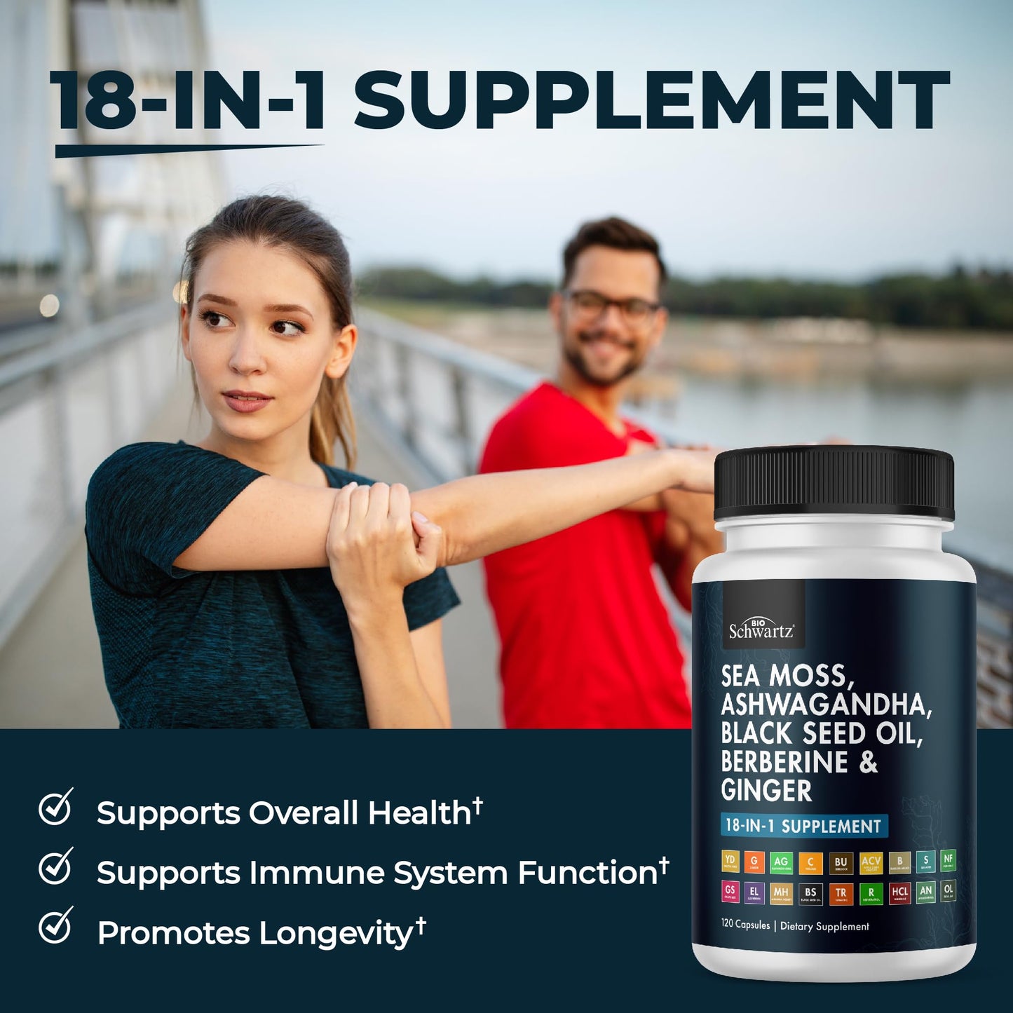 BioSchwartz Sea Moss Black Seed Oil Ashwagandha Ginger Supplement with Turmeric Berberine HCI Burdock Bladderwrack Resveratrol Elderberry Manuka Honey Apple Cider Vinegar ACV Capsules 120