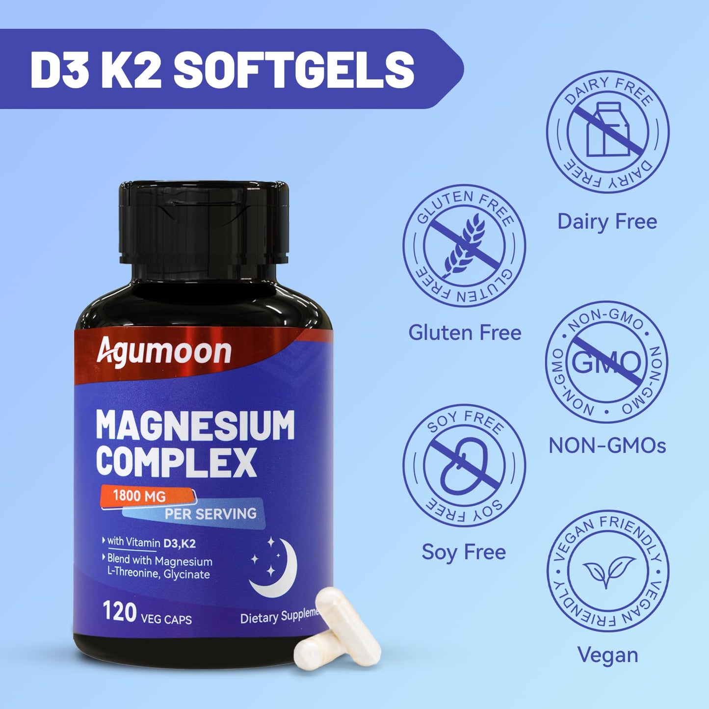 Agumoon Magnesium Supplement with Vitamin D3 & K2, Chelated Magnesium Complex 1800mg, Magnesium L-Threonine & Glycinate, 240 Capsules
