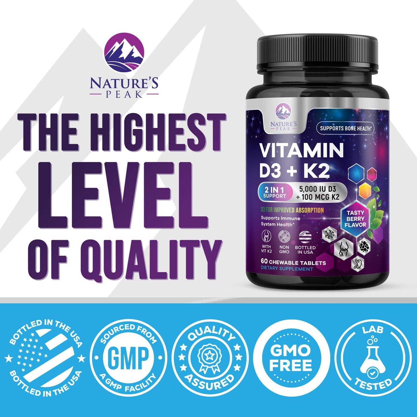 Nature's Peak Vitamin D3 K2 Tablet 5000 IU D3 & 100 mcg K2 MK-7 per Serving, 60 Count