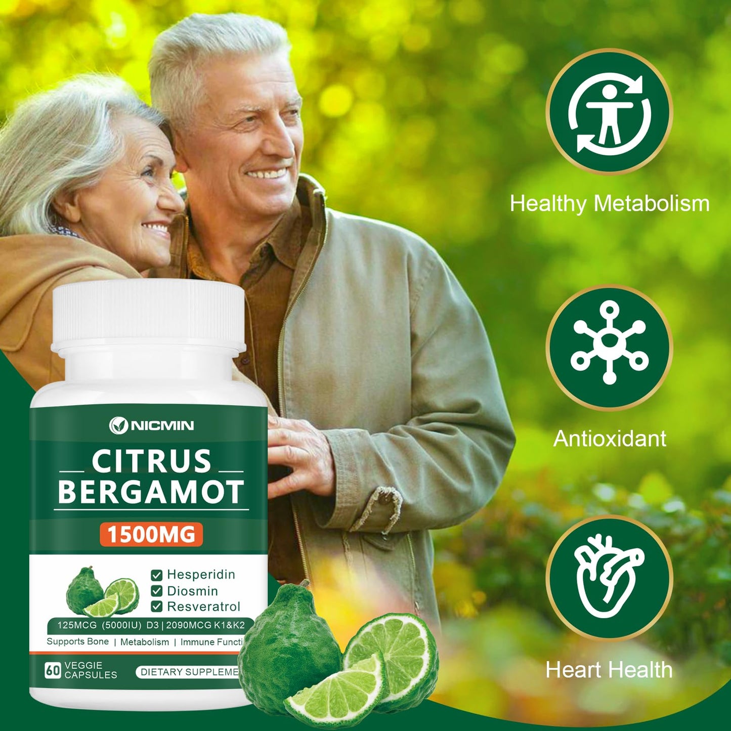 NICMIN Citrus Bergamot 1500mg with Hesperidin, Diosmin, Resveratrol, Vitamin D3, K1 & K2 Bergamot Supplement 60 Veggie Capsules