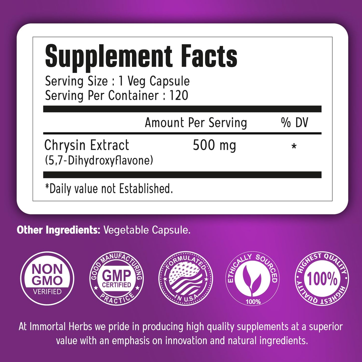 Immortal Herbs Chrysin Supplement 500mg Capsule, 120 Count