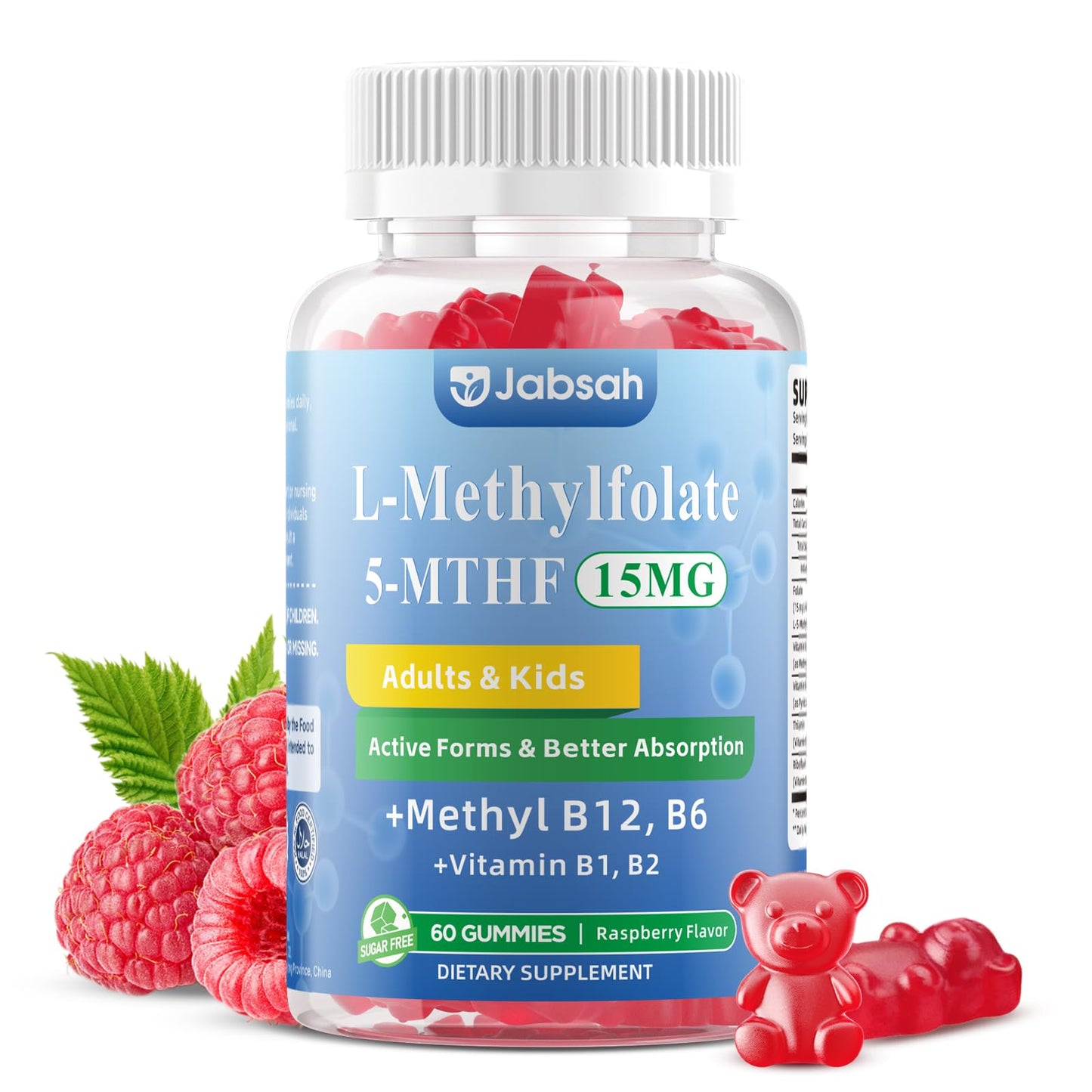 Jabsah L-MethylFolate 15mg + Methyl B12 Gummies for Kids & Adults, 60 Count