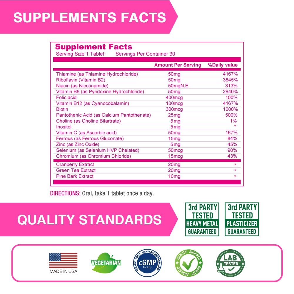 LOVITA B Complex Supplement for Women High Potency Timed Release with Iron, Vitamin C, Cranberry, Pine Bark, Green Tea, 30 Tablets