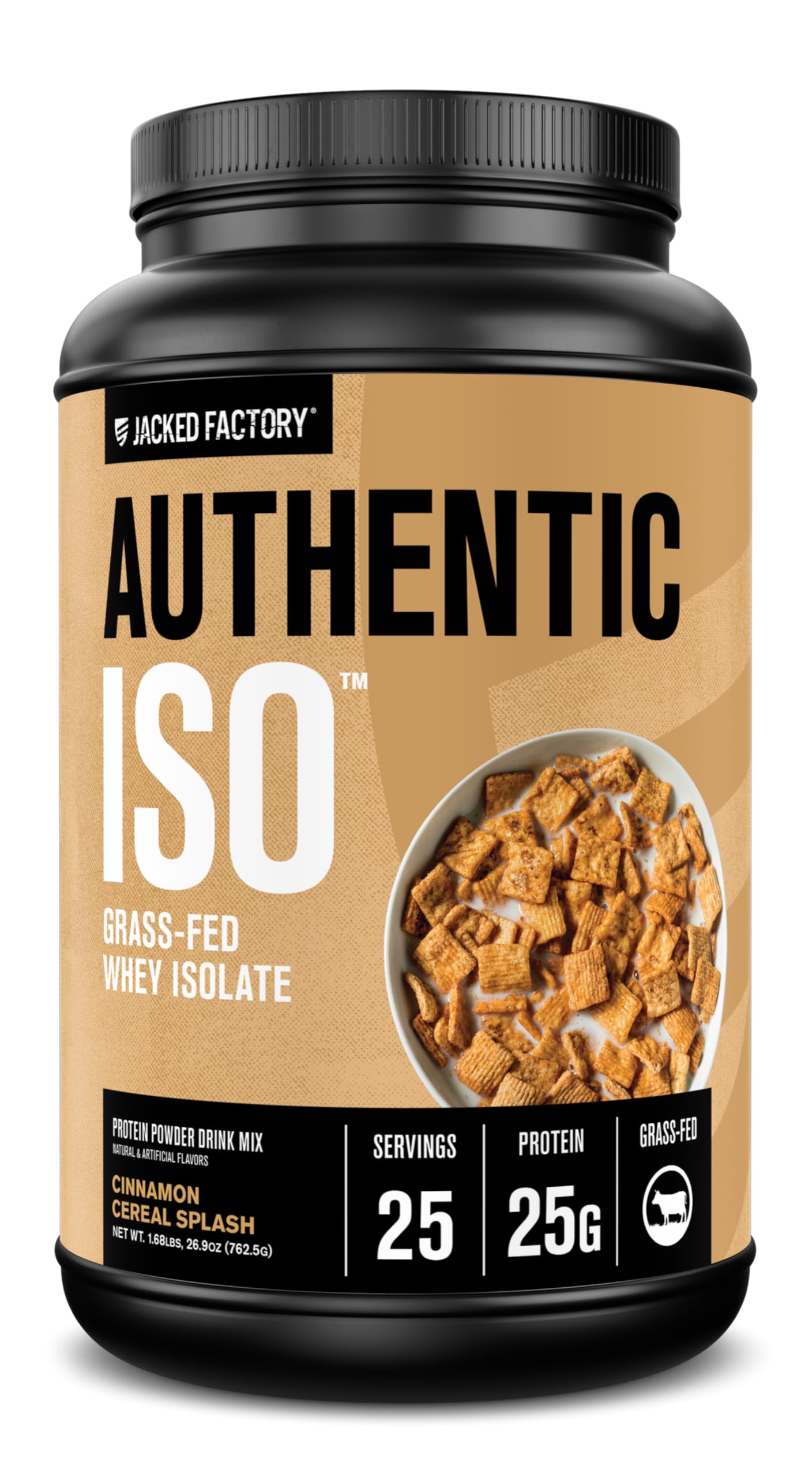 Jacked Factory Authentic ISO Grass Fed Whey Protein Isolate Powder - Low Carb, Non-GMO Muscle Building Protein with No Fillers, Post Workout Recovery, Cinnamon Cereal Splash, 25 Servings