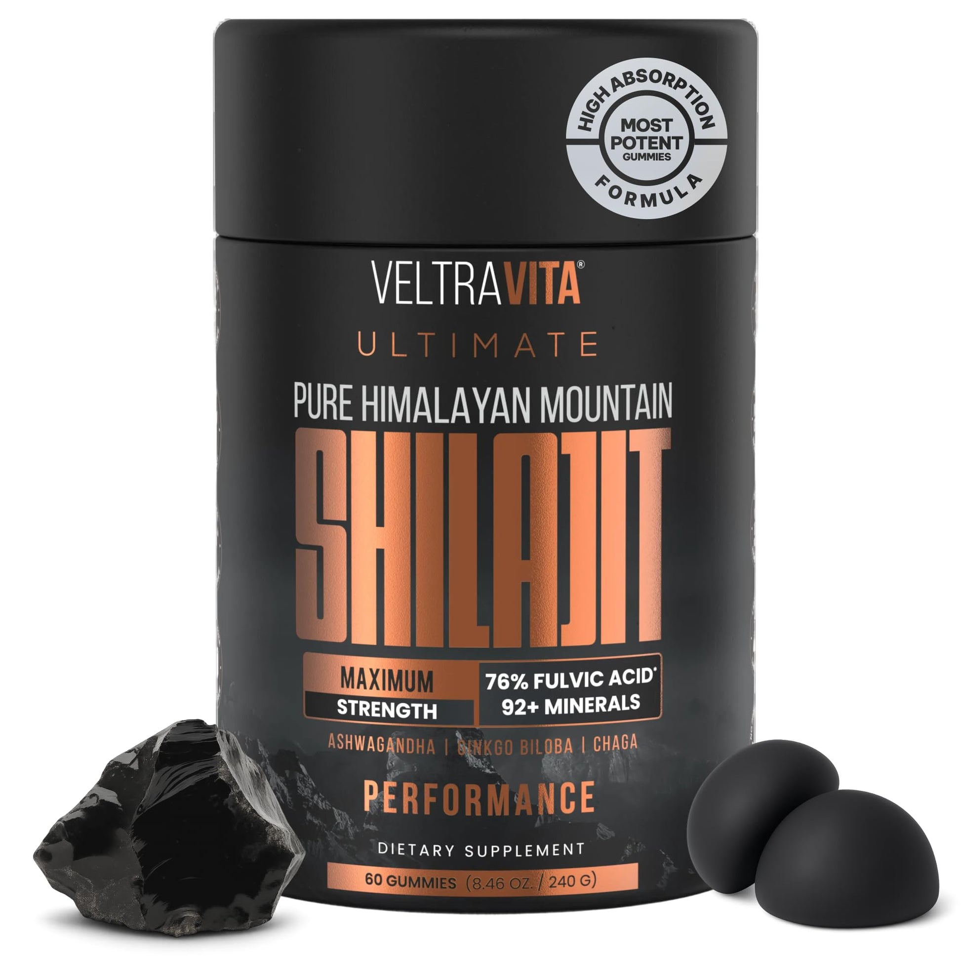 VeltraVita Pure Himalayan Shilajit Gummies with Ginkgo Biloba, Chaga & KSM-66 Ashwagandha, 60 Gummies