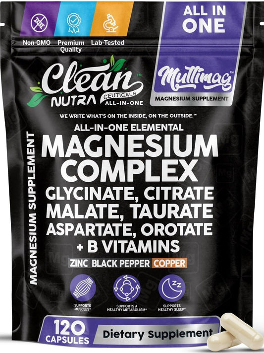 Clean Nutraceuticals Magnesium Complex with Magnesium Glycinate Citrate Malate Oxide Taurate Aspartate Orotate & Mag Chloride, Zinc Copper Manganese Capsules 120