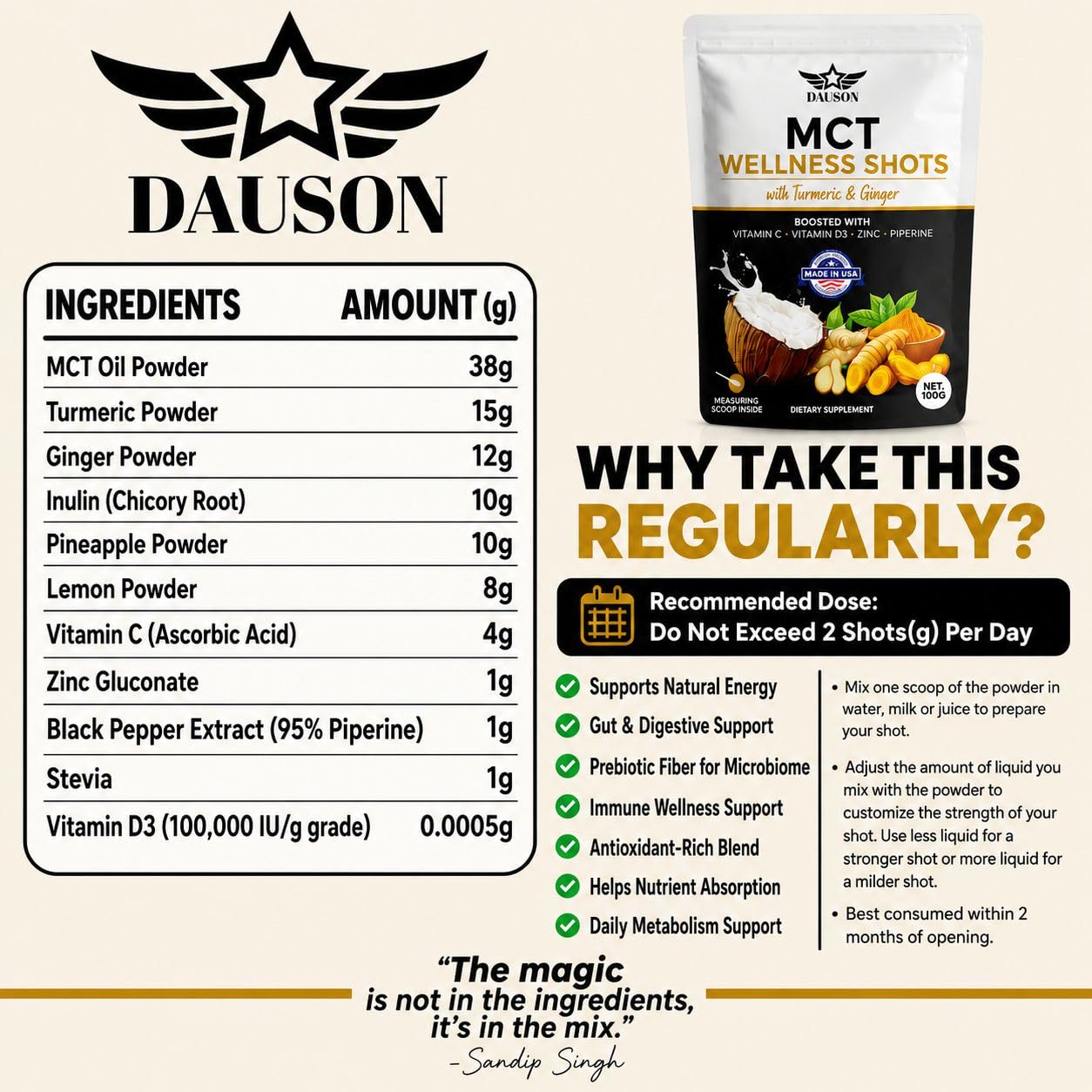 DAUSON MCT Shots Boosted with Turmeric, Ginger, Vitamin C, D3, Zinc, Piperine & Prebiotic Fiber Powder 3.53 oz