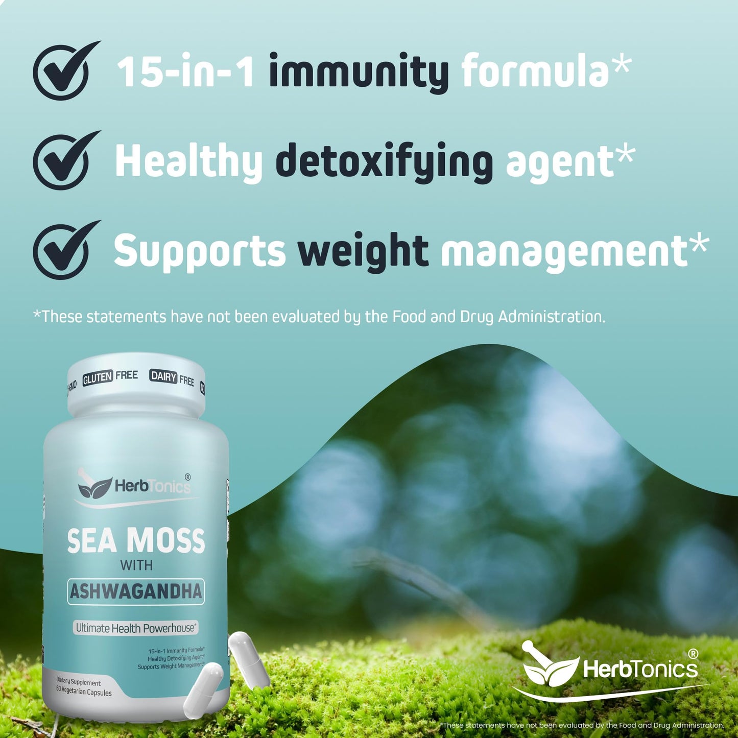 Herbtonics Sea Moss, Black Cumin Seed, Ashwagandha, Burdock Root & ACV Complex Capsule, 60 Count