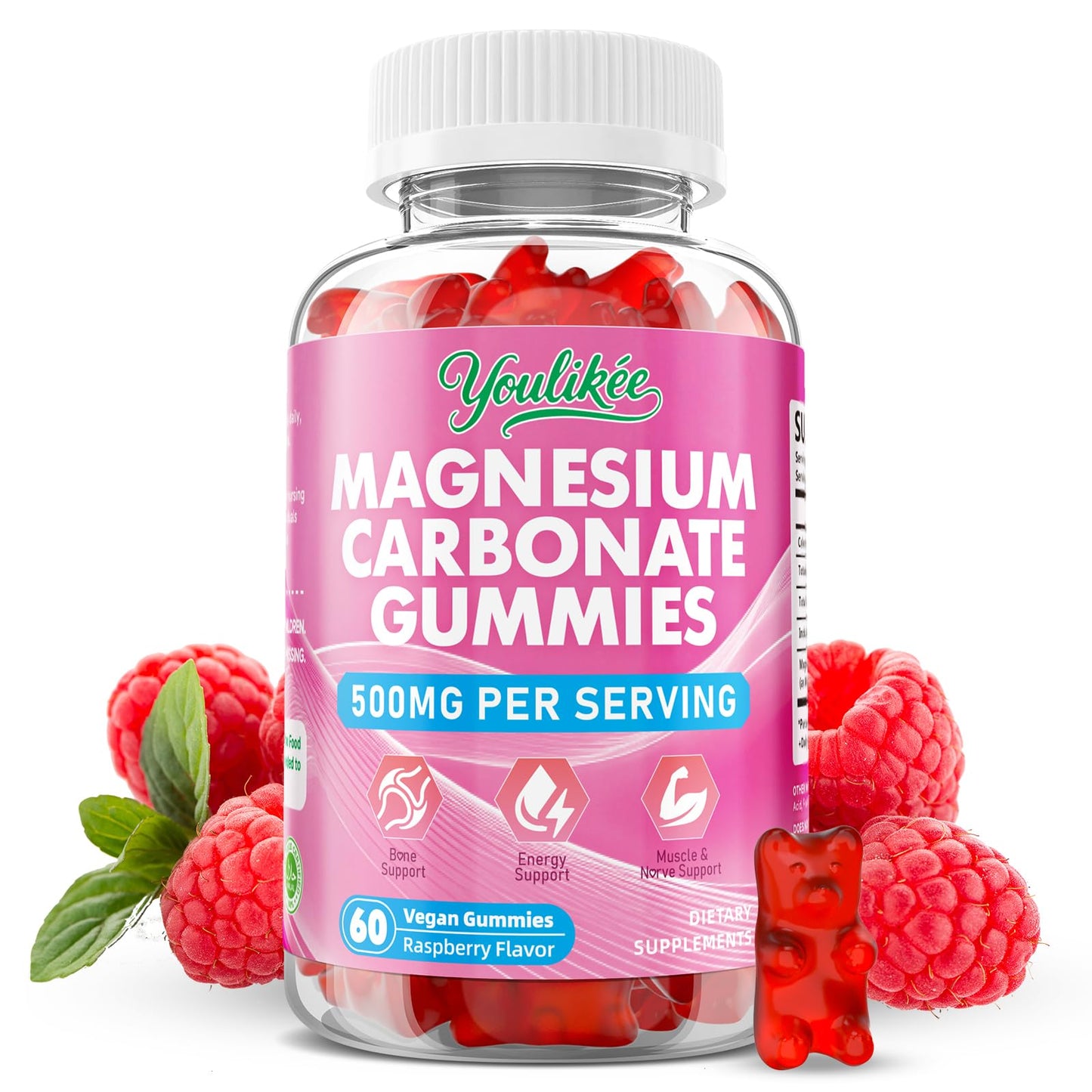 Youlikee Magnesium Carbonate 500mg Gummies, 60 Count