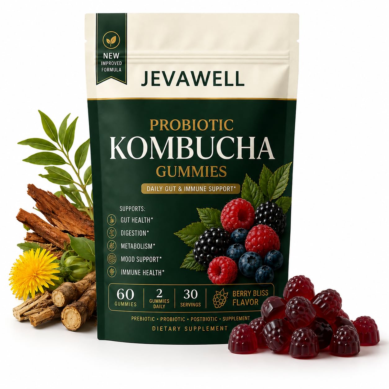 Jevawell Probiotic Kombucha Gummies Softgel 60 Count