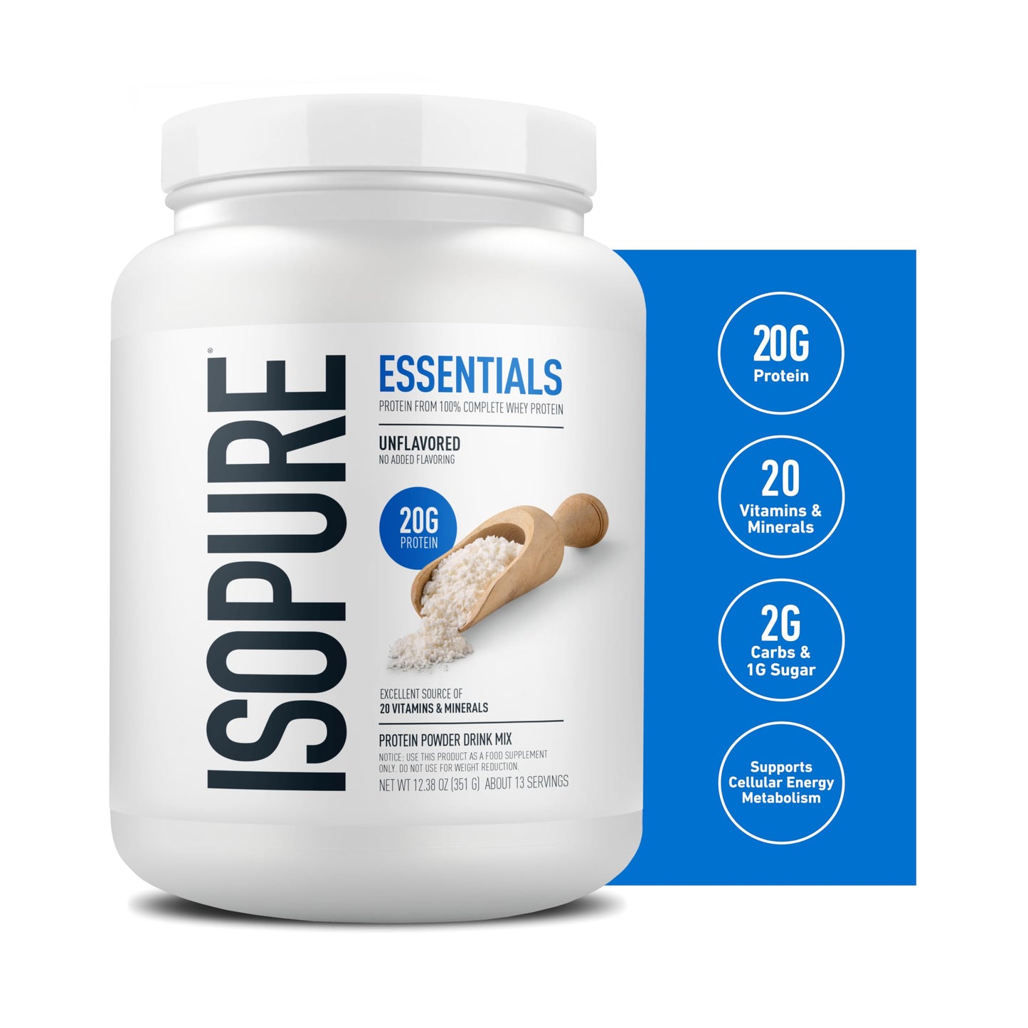 Isopure Essentials 100% Whey Protein Powder, Unflavored, 12.38 oz