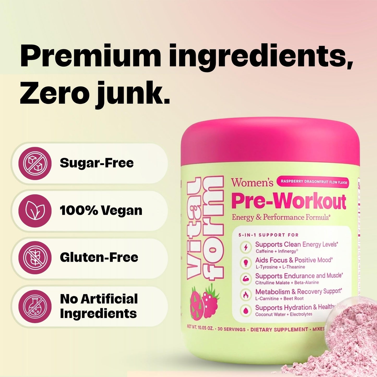 VitalForm Women's Pre Workout Powder - Clean Energy, Focus, & Endurance Supplement - 190mg Caffeine, L-Citrulline, Beta Alanine, L-Theanine - Sugar Free & Vegan - Raspberry Dragonfruit 10.05 Ounce