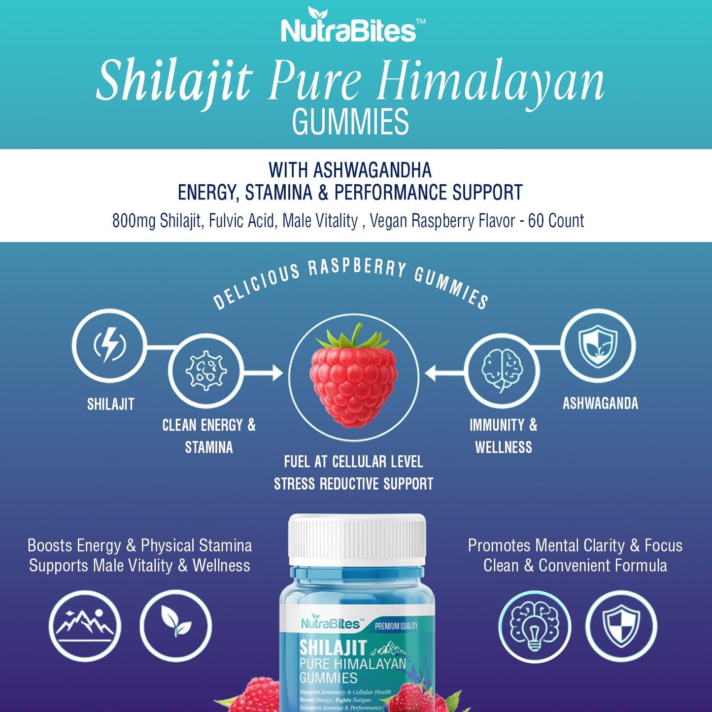 NutraBites Shilajit Gummies with Ashwagandha – Energy, Stamina & Performance Support, 800mg Shilajit, Fulvic Acid, Male Vitality, Vegan Raspberry Flavor, 60 Gummies