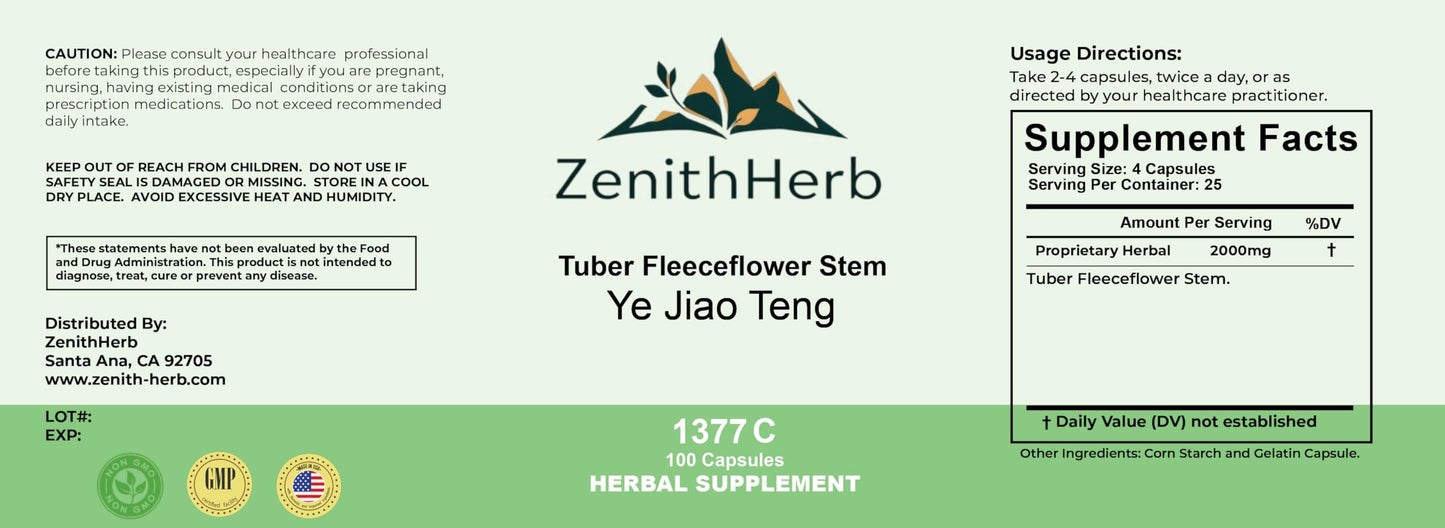 ZenithHerb Tuber Fleeceflower Stem Ye Jiao Teng Herbal Supplement, 100 Capsules