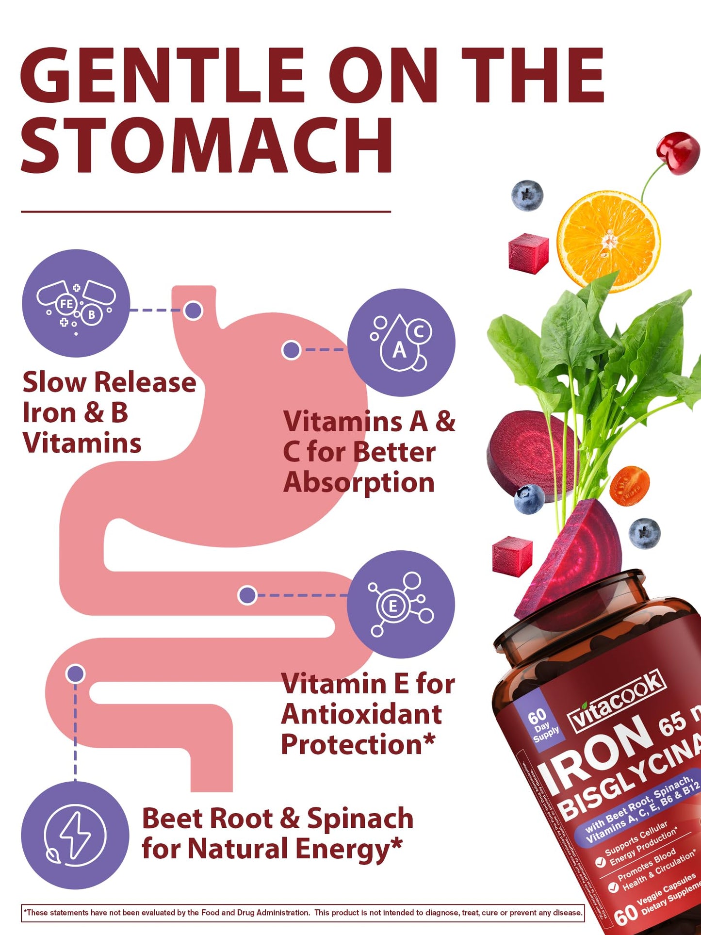 Vitacook Iron Supplement for Women & Men, 65mg Ferrous Bisglycine Chelate Capsules, 60 Count
