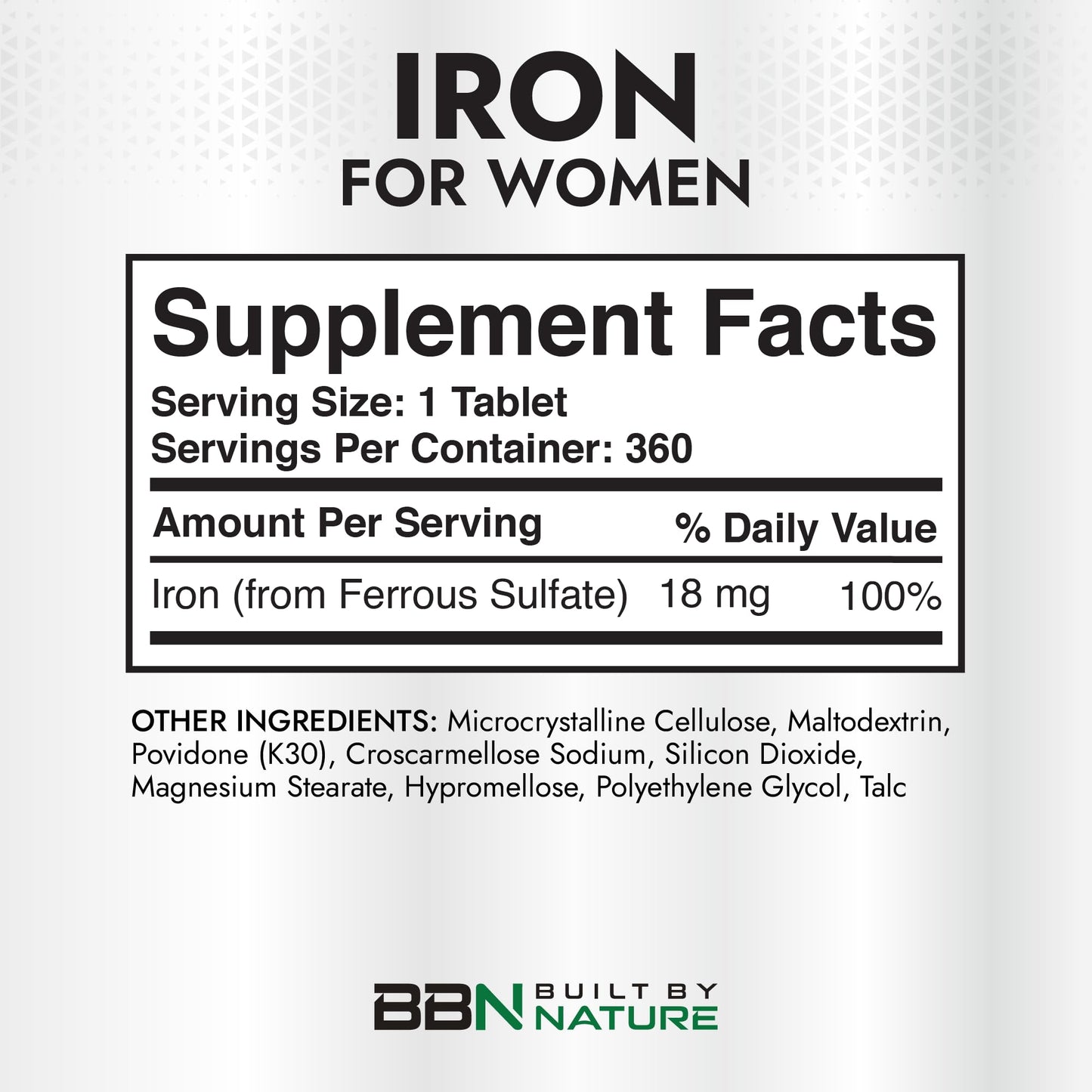 Built by Nature Iron Supplement for Women 18 mg, 360 Tablets