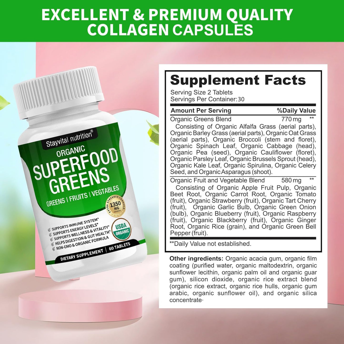 Stayvital Nutrition USDA Organic Superfood Greens – 28 Plant-Based Ingredients, Fruit & Veggie Supplement with Alfalfa, Beet Root, and Ginger, 60 Capsules