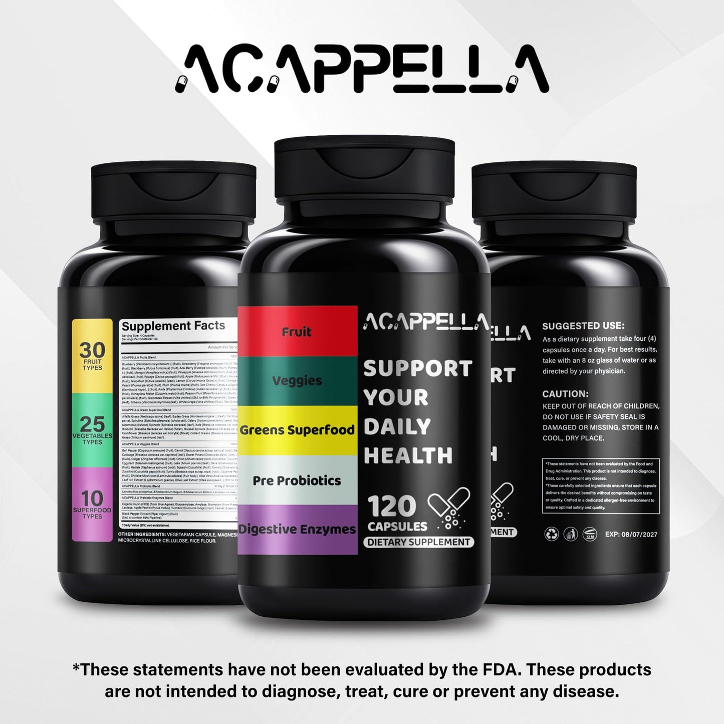ACAPPELLA Fruit and Veggies Capsule with Greens Superfood Extract Digestive Enzymes with Probiotics and Prebiotics Fruits and Vegetables Supplements for Men and Women, 120 Capsules