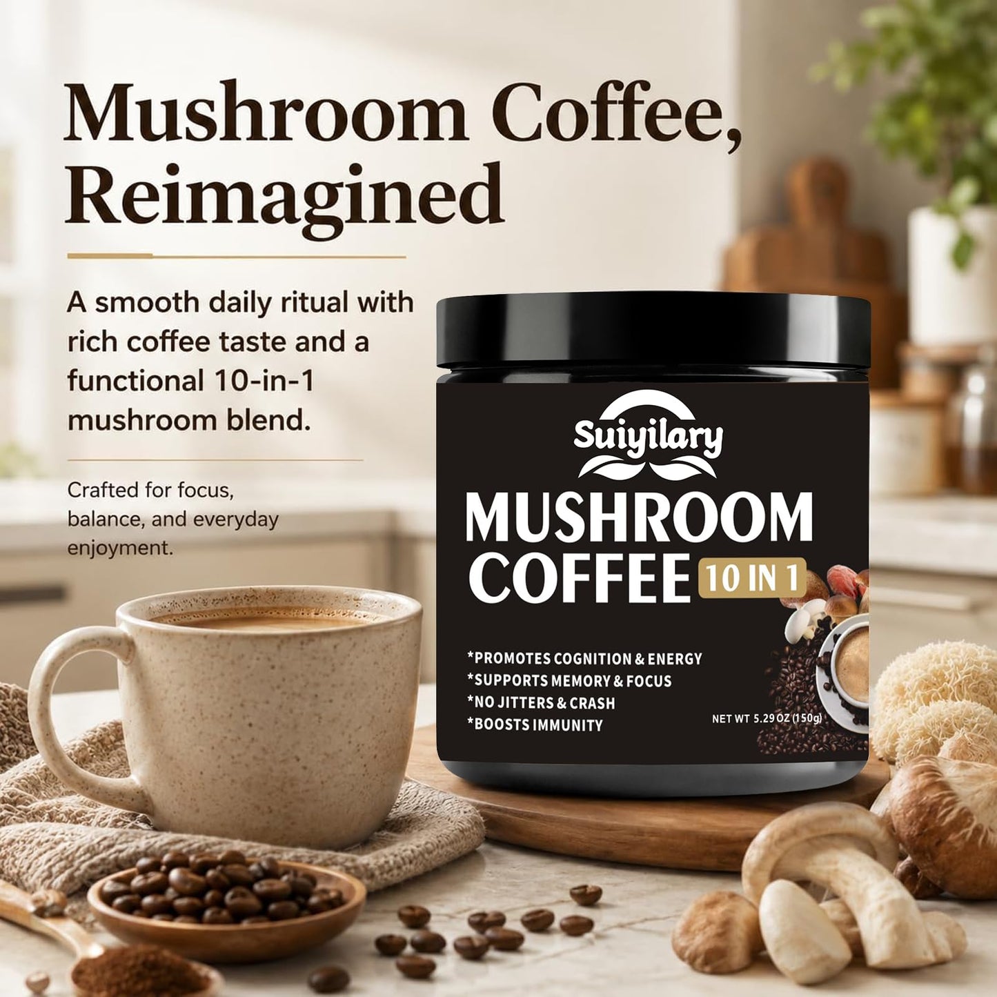 Suiyilary Mushroom Coffee Powder 5.3 oz - 10-Mushroom Extract Blend (Lion's Mane, Reishi, Chaga, Cordyceps, Turkey Tail)