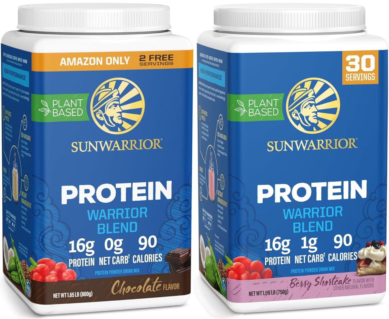 Sunwarrior Berry & Chocolate Organic Plant Based Protein Powder, 32 Servings Chocolate, 30 Servings Berry