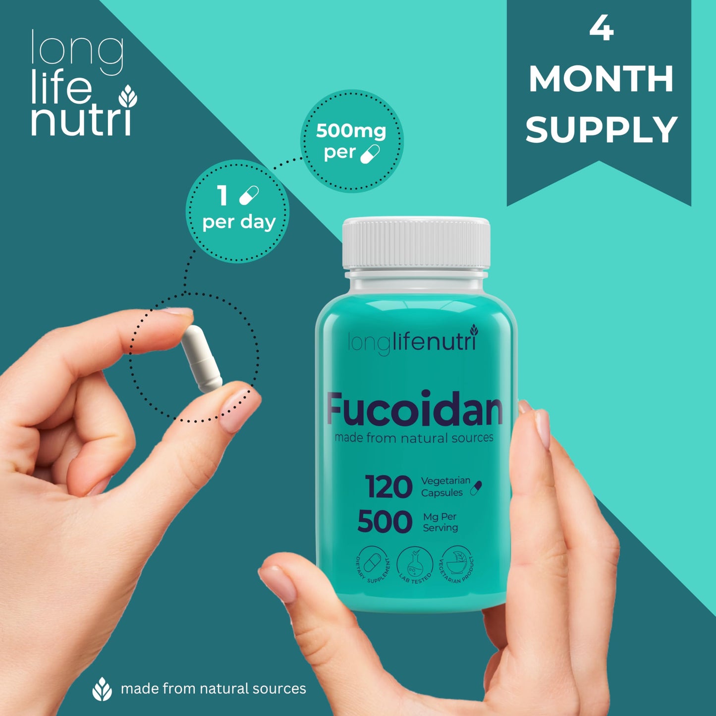 LongLifeNutri Fucoidan 500mg – Brown Seaweed Extract Supplement from a Natural Source of Fucoidan & Fucoxanthin Capsule, 120 Count