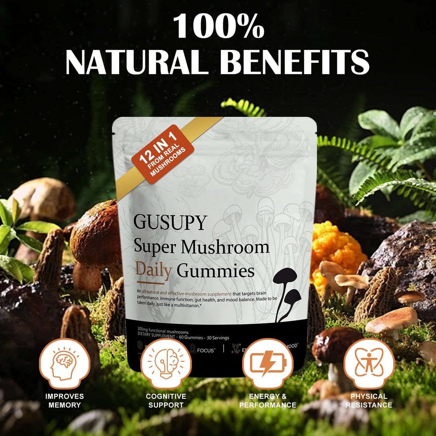 GUSUPY Lions Mane Mushroom Supplement Gummies, 60 Gummies