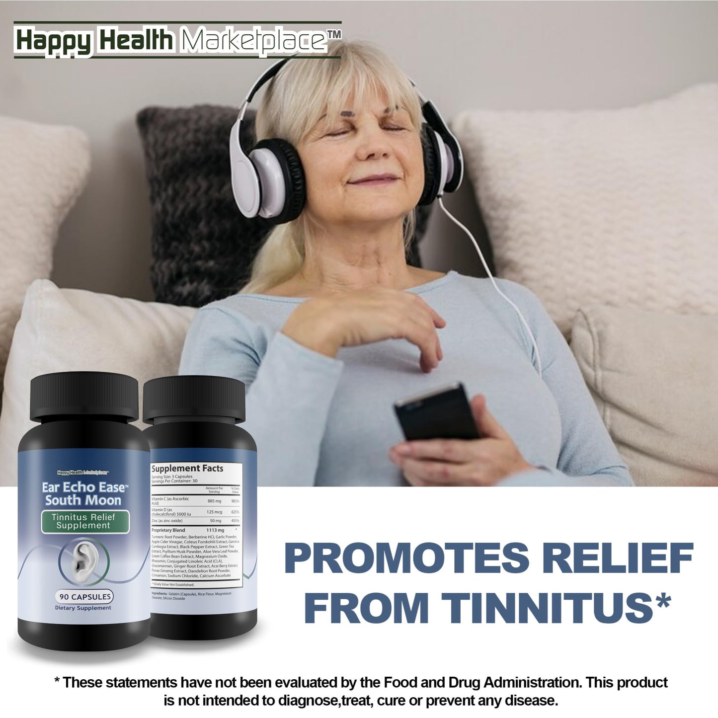 Happy Health Marketplace Ear Echo Ease Tinnitus Relief Supplement Capsule, 90 Count