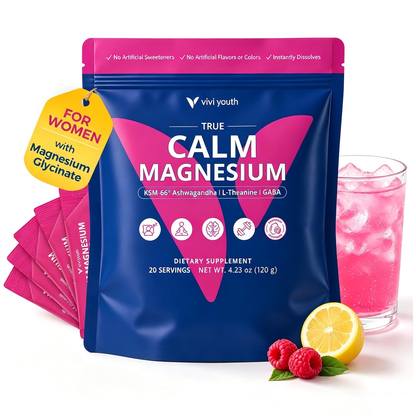 VIVI Youth Calm Magnesium Powder Raspberry Lemonade Flavor, 20 Ct