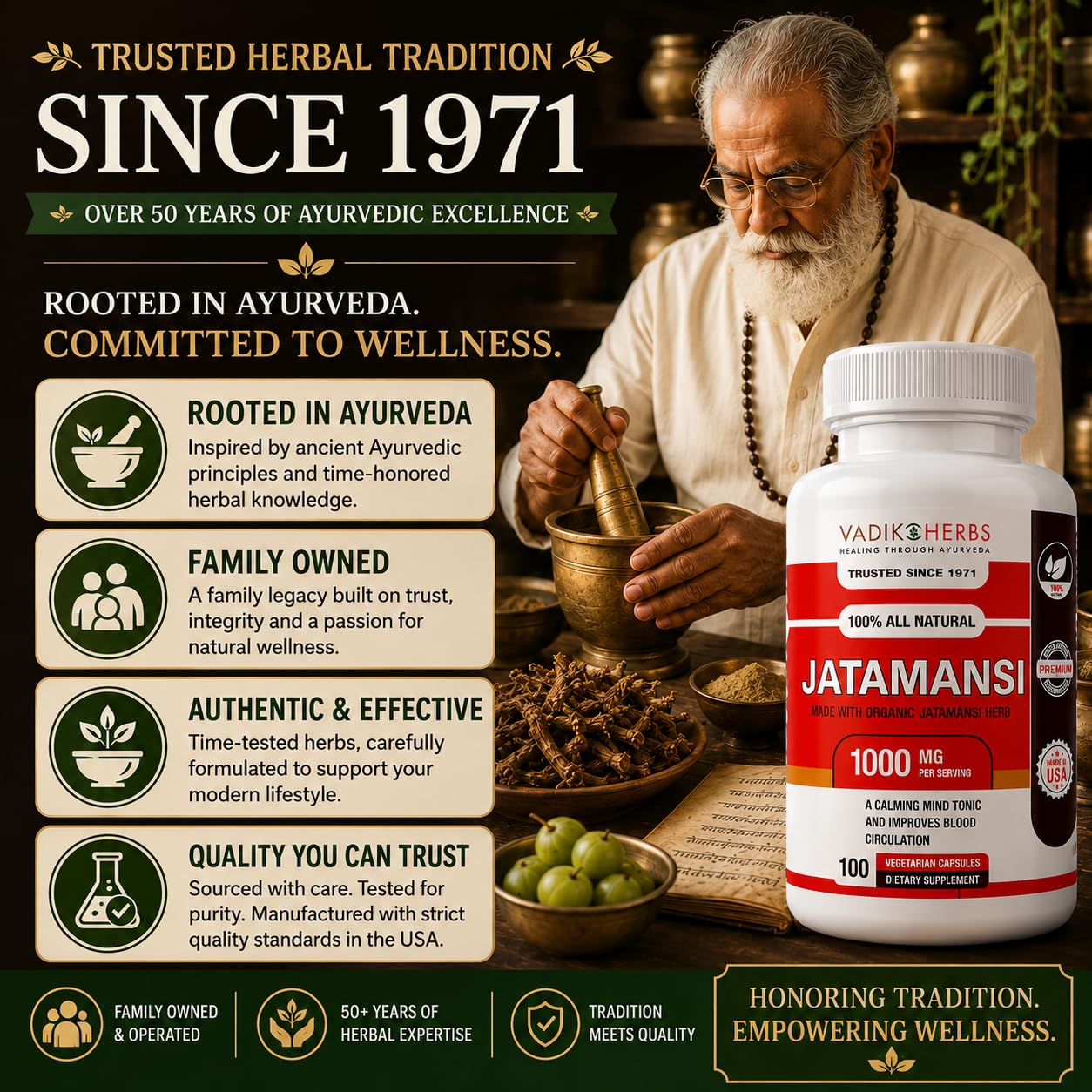 Vadik Herbs Jatamansi 1000mg Capsules, 100 Capsules