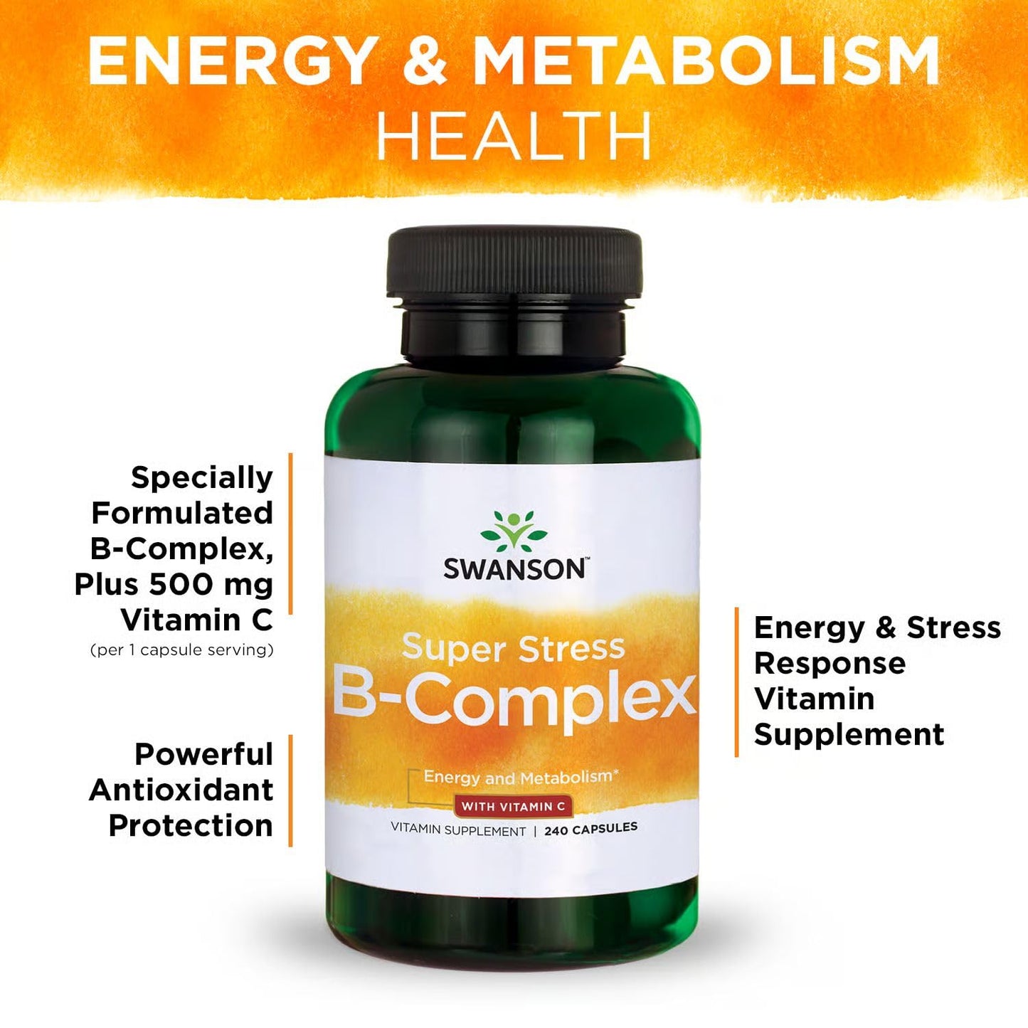 Swanson Super Stress B-Complex Energy and Wellness Supplement for Busy Adults Seeking Daily Vitamin B Support, 480 Capsules