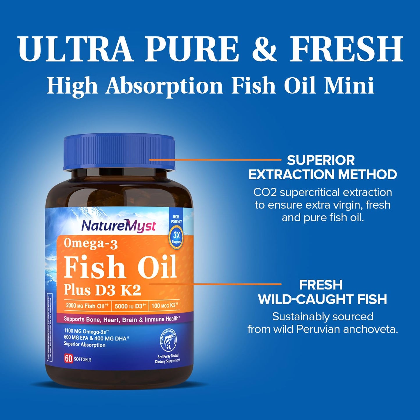 NatureMyst Omega-3 Fish Oil 2000 mg, Vitamin D3 K2 (MK-7), 600 mg EPA, 400 mg DHA Softgels, 60 Count