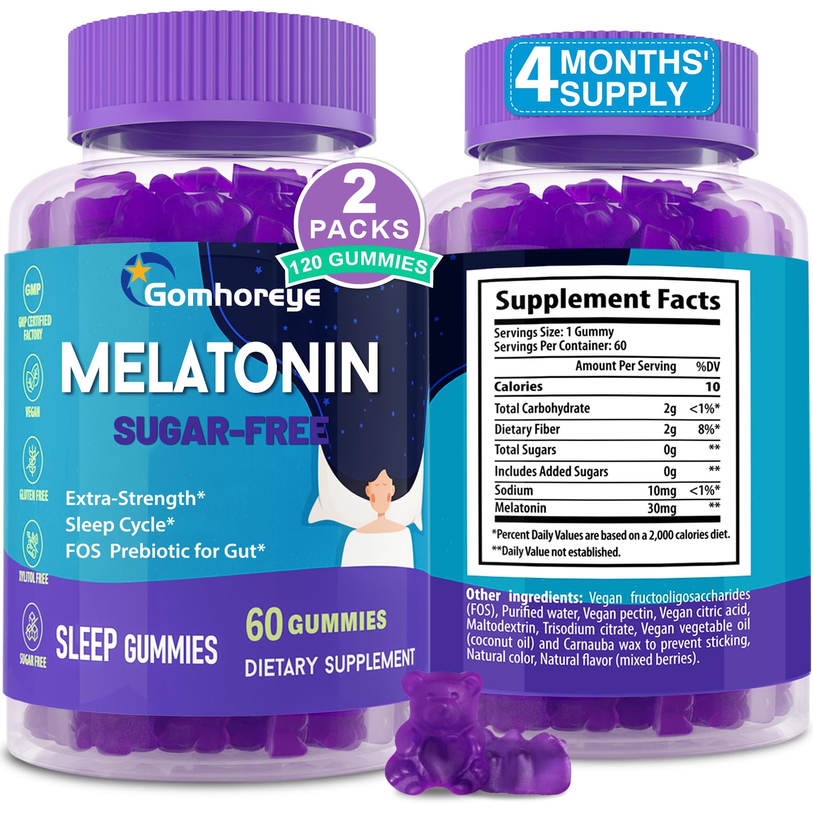 Gomhoreye Melatonin Gummies for Adults, Maximum Strength, Sugar Free, 120 Gummies