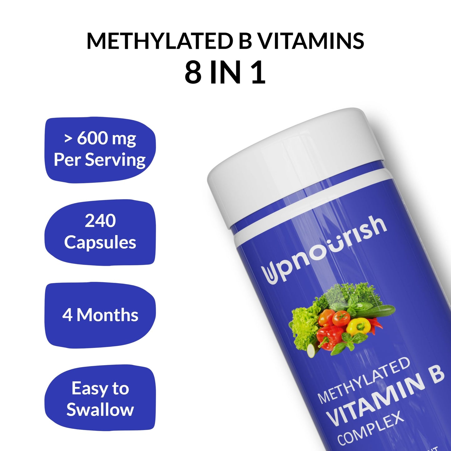 UpNourish Methylated B Complex Vitamins for Women and Men 240 Capsules